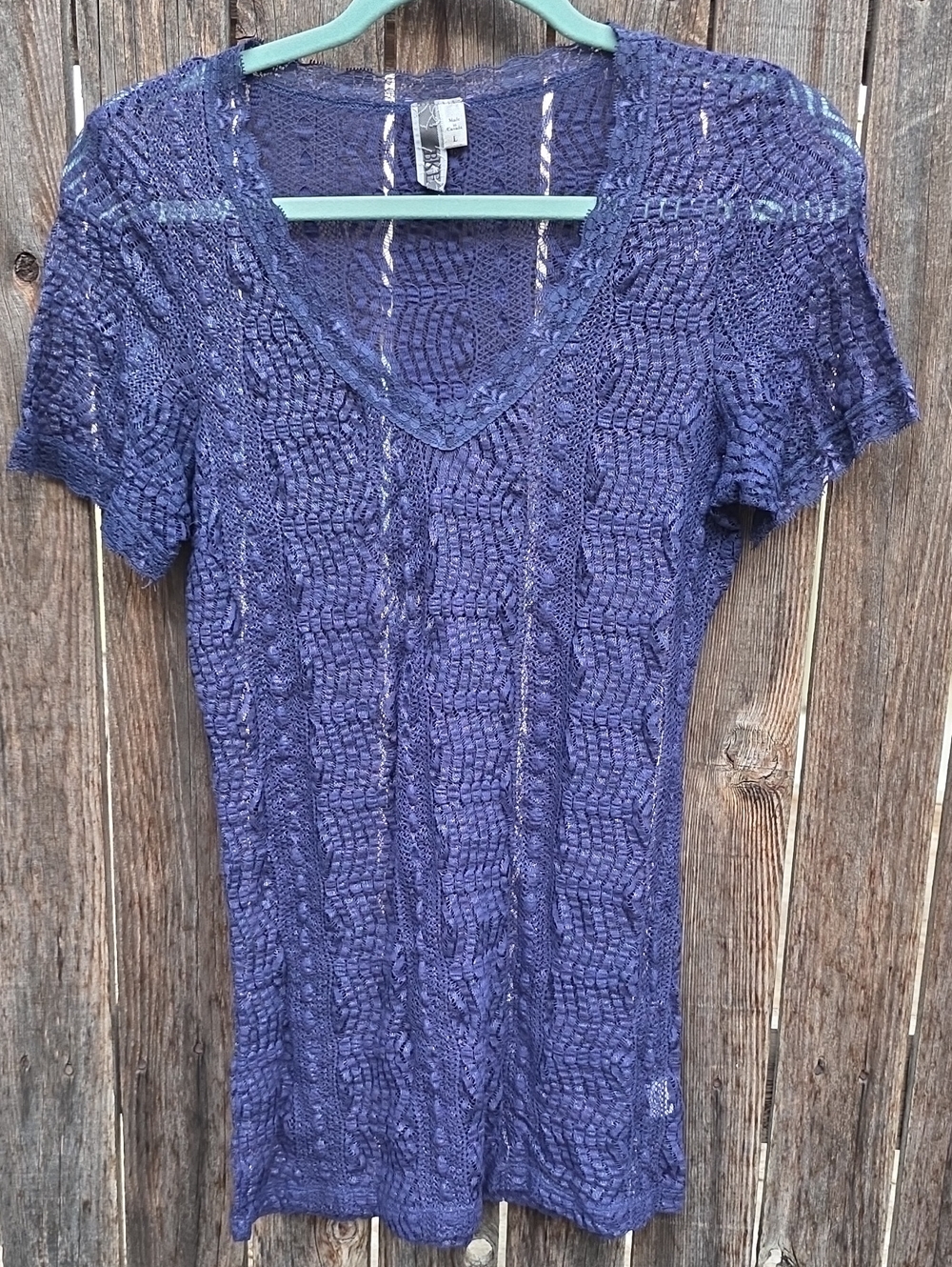 BKE Purple V-Neck Short Sleeve Openwork Lace Stretch Top